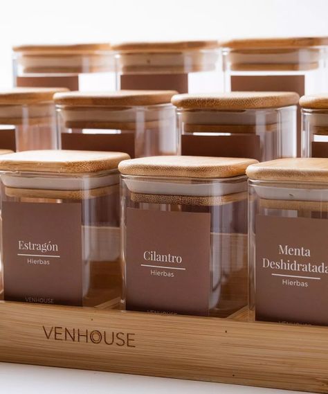 12 Especieros Herméticos De Vidrio Bambú Rack Para Cocina Etiqueta Marrón -2