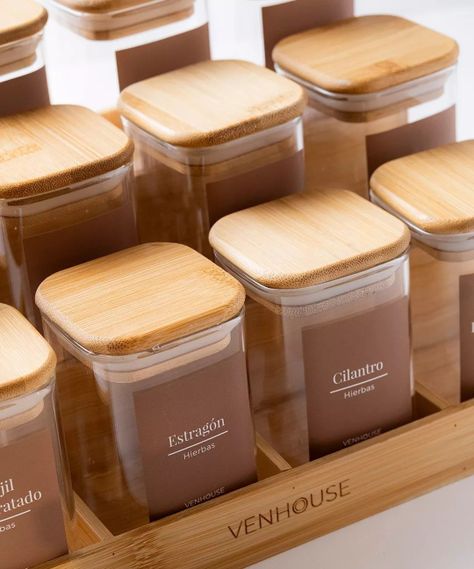 12 Especieros Herméticos De Vidrio Bambú Rack Para Cocina Etiqueta Marrón -4