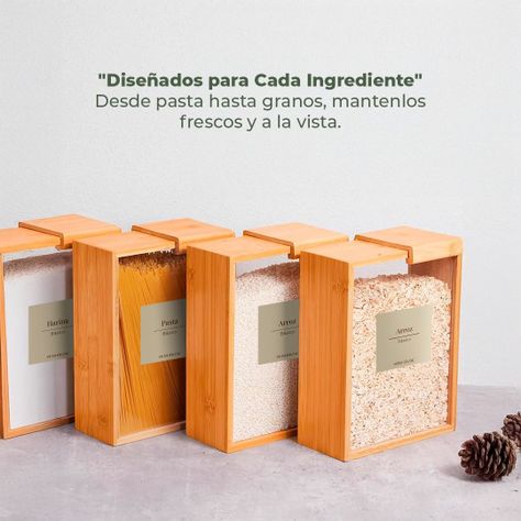 4 Contenedor Hermético Despensa Vidrio Bambú 2200ml Etiqueta Beige-4