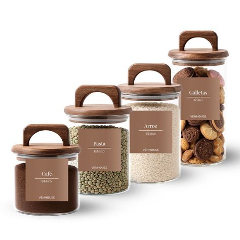 Set 4 Contenedores Herméticos Vidrio Cocina Acacia Con Asa Etiqueta Marrón-0