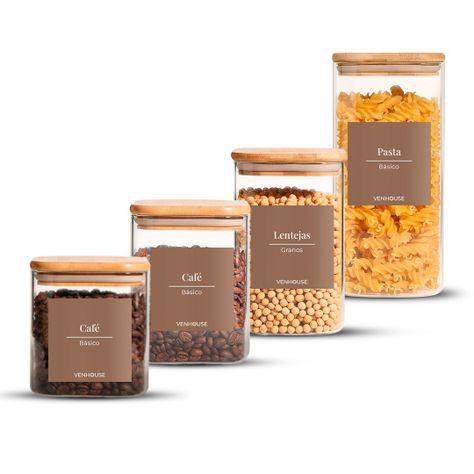 Set 4 Contenedores Herméticos Marrón Claro Vidrio Cocina Despensa Bambú-0