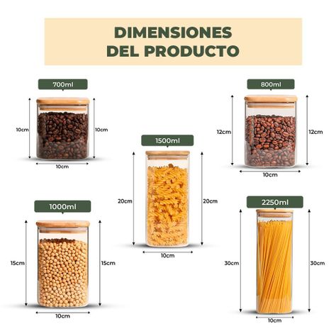Set 4 Contenedores Herméticos Marrón Claro Vidrio Cocina Despensa Bambú-3