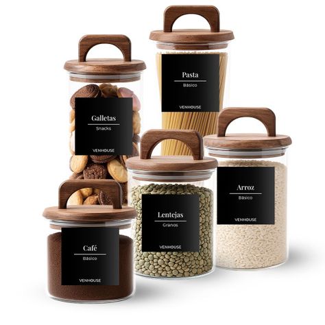 Set 5 Contenedores Herméticos Vidrio Cocina Acacia Con Asa Etiqueta Negra-0