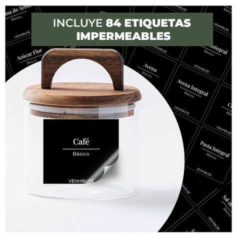 Set 5 Contenedores Herméticos Vidrio Cocina Acacia Con Asa Etiqueta Negra-1