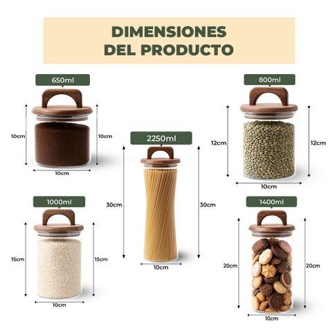 Set 5 Contenedores Herméticos Vidrio Cocina Acacia Con Asa Etiqueta Negra-3