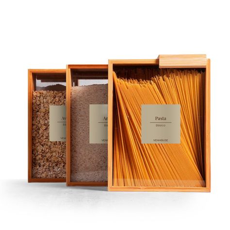 3 Contenedor Hermético Despensa Vidrio Bambú 2200ml Etiqueta Beige-0