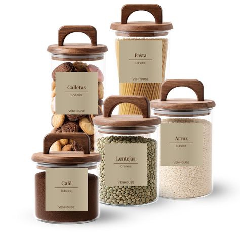 Set 5 Contenedores Herméticos Vidrio Cocina Acacia Con Asa Etiqueta Beige-0