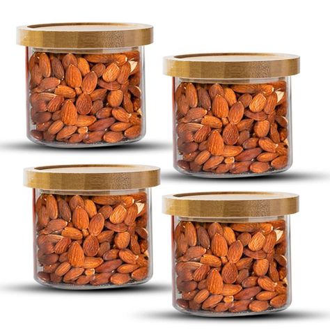 Pack 4 Frasco Contenedor Tarro Hermético Vidrio Bambú 500ml-0