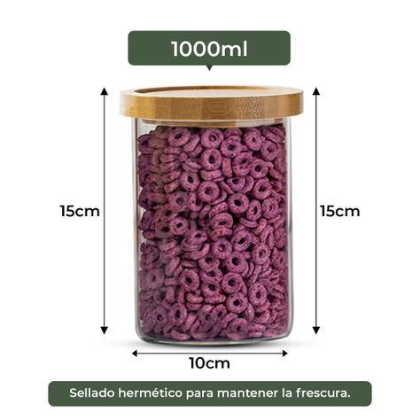Pack 3 Frasco Contenedor Tarro Hermético Vidrio Bambú 1000ml-2