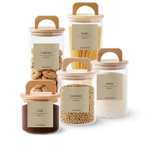 Set 5 Contenedores Herméticos Vidrio Cocina Bambú Con Asa Etiqueta Beige-0