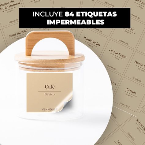 Set 5 Contenedores Herméticos Vidrio Cocina Bambú Con Asa Etiqueta Beige-1