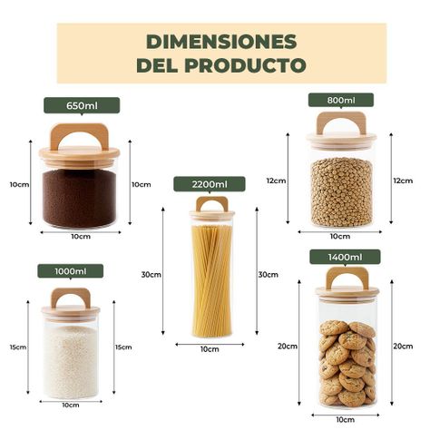 Set 5 Contenedores Herméticos Vidrio Cocina Bambú Con Asa Etiqueta Beige-4