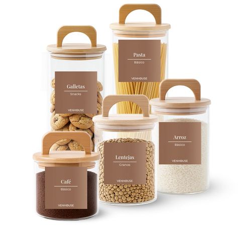 Set 5 Contenedores Herméticos Vidrio Cocina Bambú Con Asa Etiqueta Marrón-0