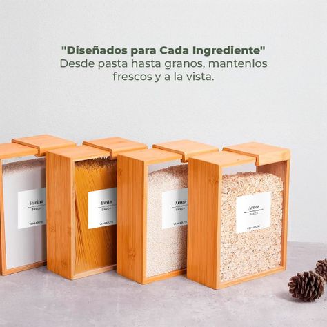 4 Contenedor Hermético Despensa Vidrio Bambú 2200ml Etiqueta Blanca-5