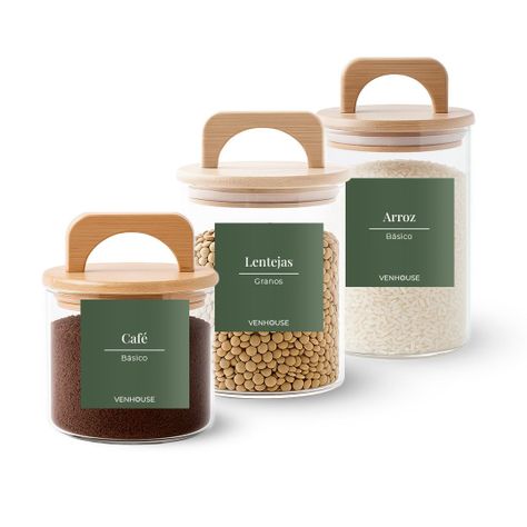 Set 3 Contenedores Herméticos Vidrio Cocina Bambú Con Asa Etiqueta Verde-0