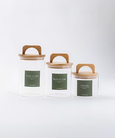 Set 3 Contenedores Herméticos Vidrio Cocina Bambú Con Asa Etiqueta Verde-1