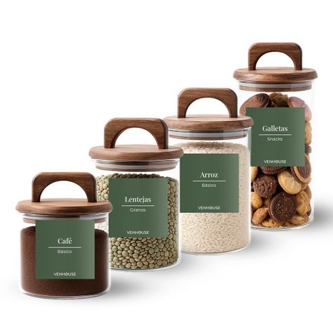 Set 4 Contenedores Herméticos Vidrio Cocina Acacia Con Asa Etiqueta Verde-0
