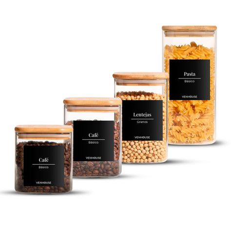 Set 4 Contenedores Herméticos Negros Vidrio Cocina Despensa Bambú-0