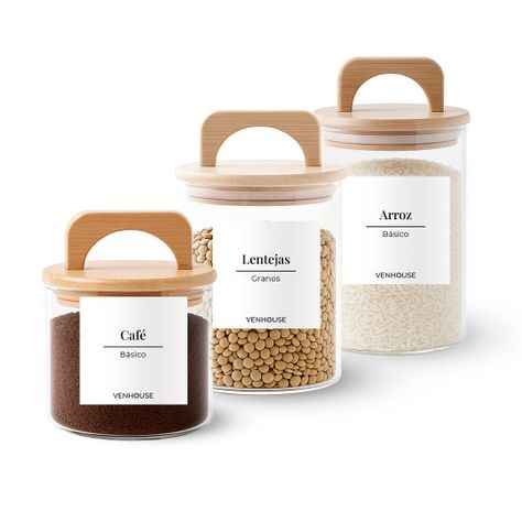 Set 3 Contenedores Herméticos Vidrio Cocina Bambú Con Asa Etiqueta Blanca-0