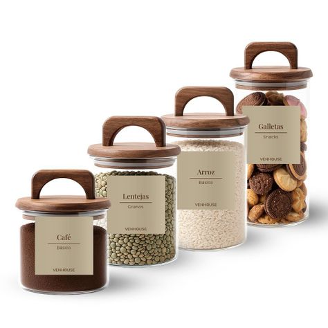 Set 4 Contenedores Herméticos Vidrio Cocina Acacia Con Asa Etiqueta Beige-0