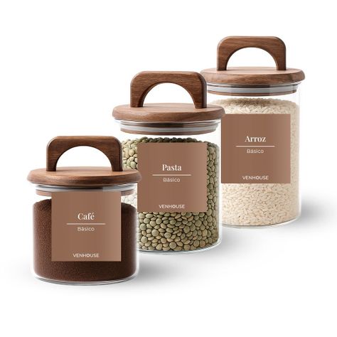 Set 3 Contenedores Herméticos Vidrio Cocina Acacia Con Asa Etiqueta Marrón -0
