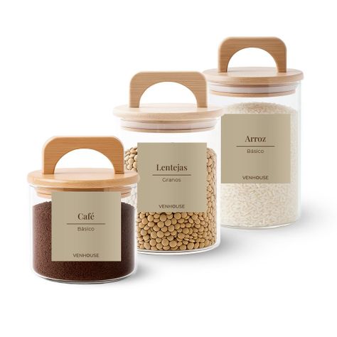 Set 3 Contenedores Herméticos Vidrio Cocina Bambú Con Asa Etiqueta Beige-0