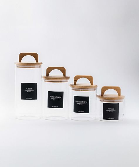 Set 4 Contenedores Herméticos Vidrio Cocina Bambú Con Asa Etiqueta Negra-1