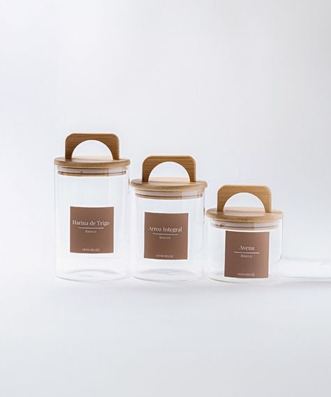 Set 3 Contenedores Herméticos Vidrio Cocina Bambú Con Asa Etiqueta Marrón-1