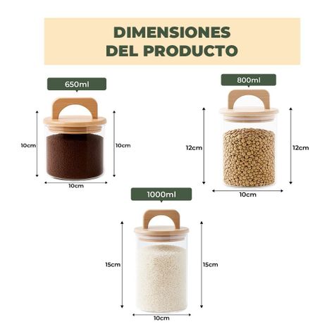 Set 3 Contenedores Herméticos Vidrio Cocina Bambú Con Asa Etiqueta Marrón-4