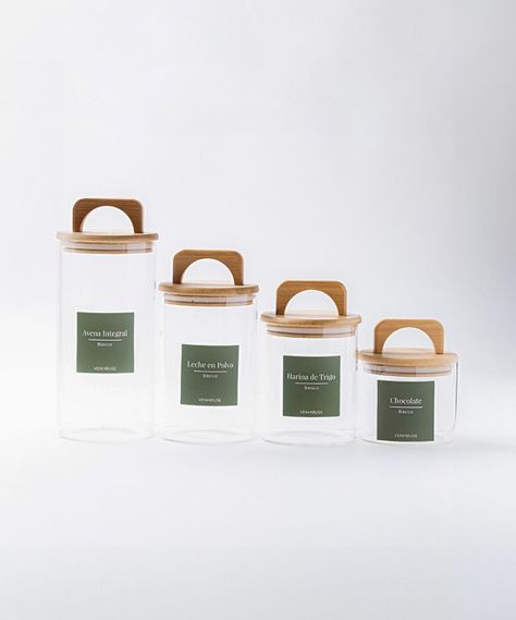 Set 4 Contenedores Herméticos Vidrio Cocina Bambú Con Asa Etiqueta Verde-1