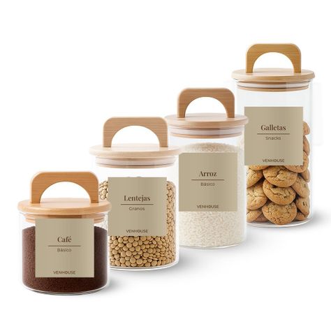 Set 4 Contenedores Herméticos Vidrio Cocina Bambú Con Asa Etiqueta Beige-0