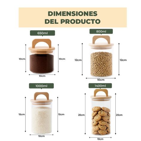 Set 4 Contenedores Herméticos Vidrio Cocina Bambú Con Asa Etiqueta Beige-3