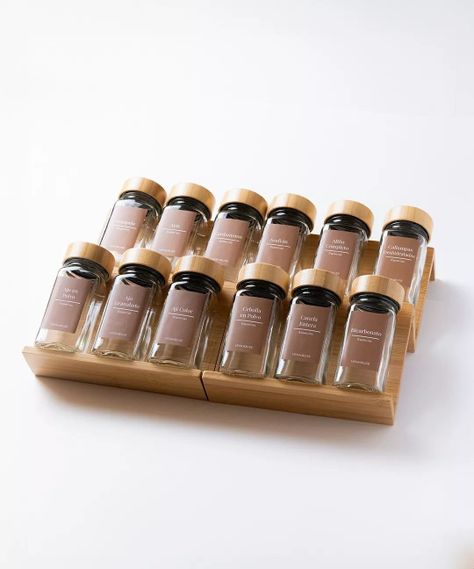 12 Especieros Condimenteros Rack Cajón Bambú Cocina Etiqueta Marron-0
