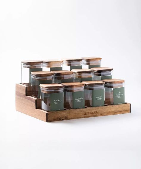 12 Especieros Herméticos De Vidrio Acacia Rack Cocina Etiqueta Verde-0