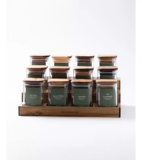 12 Especieros Herméticos De Vidrio Acacia Rack Cocina Etiqueta Verde-2