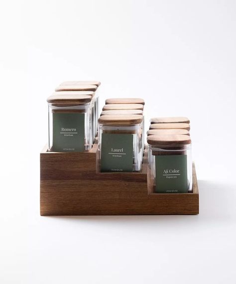 12 Especieros Herméticos De Vidrio Acacia Rack Cocina Etiqueta Verde-3