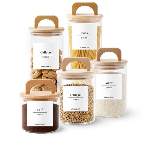 Set 5 Contenedores Herméticos Vidrio Cocina Bambú Con Asa Etiqueta Blanca-0