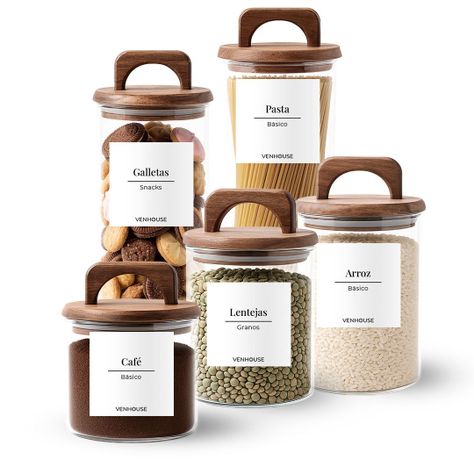 Set 5 Contenedores Herméticos Vidrio Cocina Acacia Con Asa Etiqueta Blanca-0