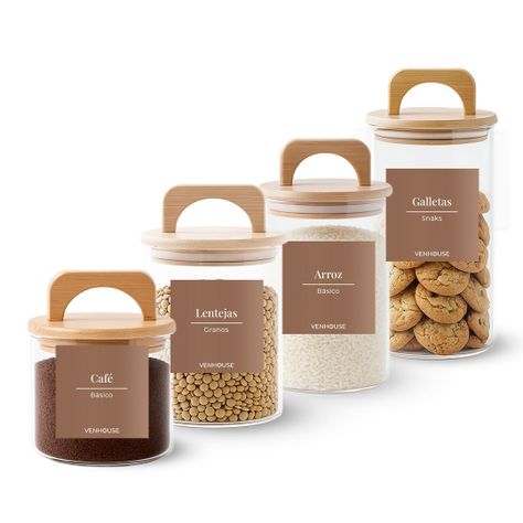 Set 4 Contenedores Herméticos Vidrio Cocina Bambú Con Asa Etiqueta Marrón-0