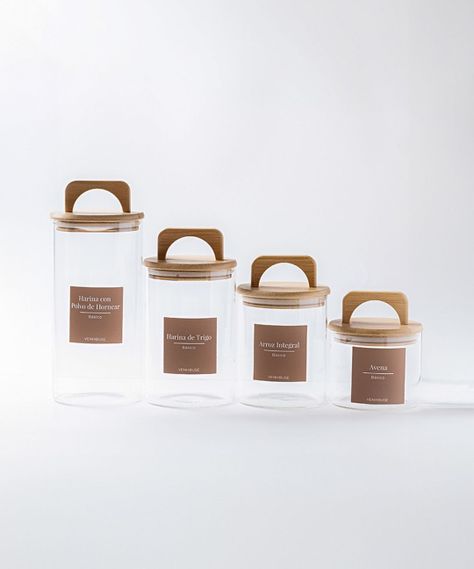 Set 4 Contenedores Herméticos Vidrio Cocina Bambú Con Asa Etiqueta Marrón-1