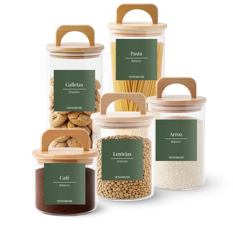 Set 5 Contenedores Herméticos Vidrio Cocina Bambú Con Asa Etiqueta Verde-0