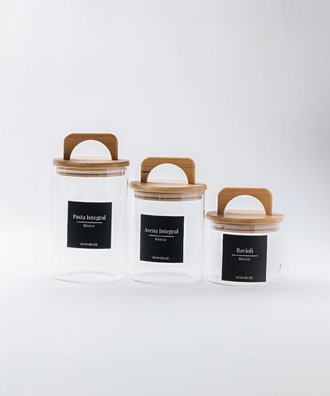 Set 3 Contenedores Herméticos Vidrio Cocina Bambú Con Asa Etiqueta Negra-1