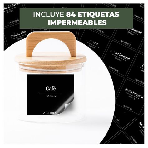 Set 3 Contenedores Herméticos Vidrio Cocina Bambú Con Asa Etiqueta Negra-2