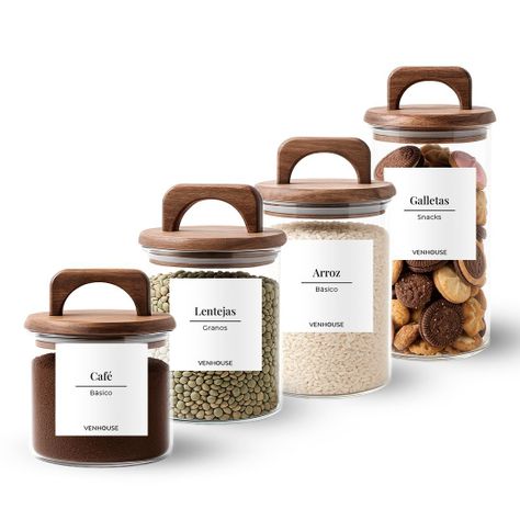 Set 4 Contenedores Herméticos Vidrio Cocina Acacia Con Asa Etiqueta Blanca-0