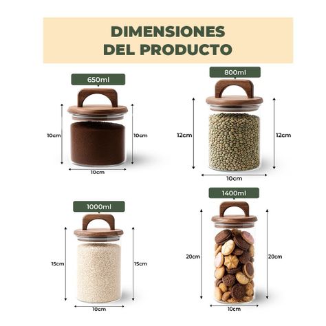 Set 4 Contenedores Herméticos Vidrio Cocina Acacia Con Asa Etiqueta Blanca-3