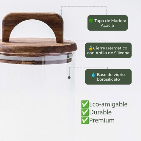 Set 4 Contenedores Herméticos Vidrio Cocina Acacia Con Asa Etiqueta Blanca-4