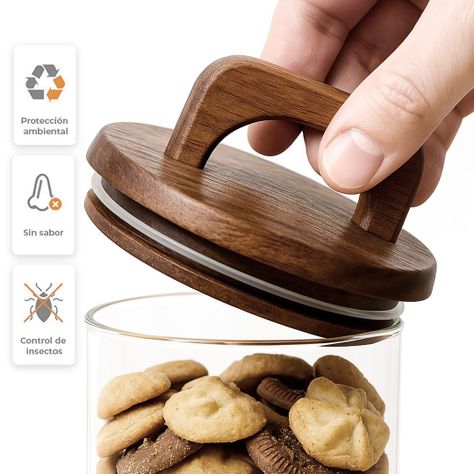Set 4 Contenedores Herméticos Vidrio Cocina Acacia Con Asa Etiqueta Blanca-5