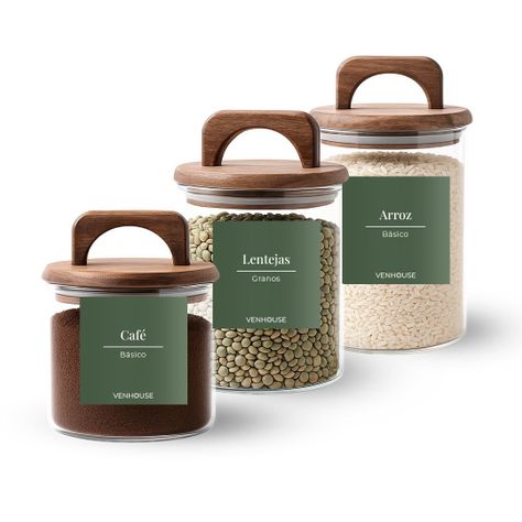 Set 3 Contenedores Herméticos Vidrio Cocina Acacia Con Asa Etiqueta Verde-0