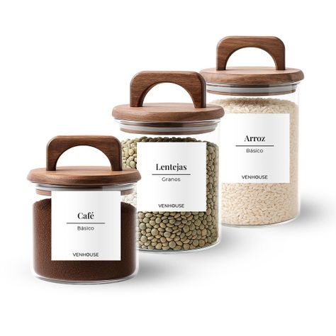 Set 3 Contenedores Herméticos Vidrio Cocina Acacia Con Asa Etiqueta Blanca-0