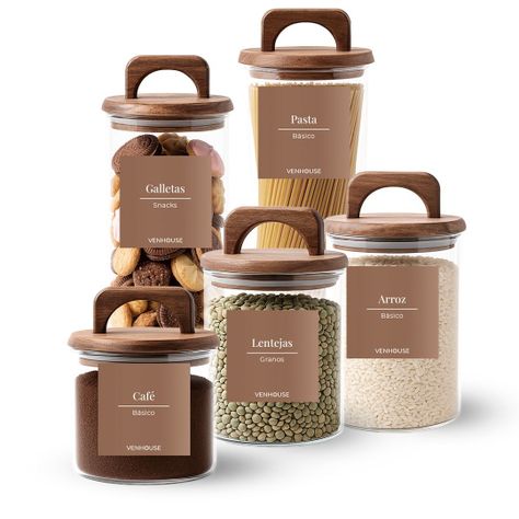 Set 5 Contenedores Herméticos Vidrio Cocina Acacia Con Asa Etiqueta Marrón-0